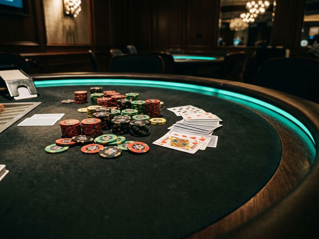 Casino table with playing cards and chips