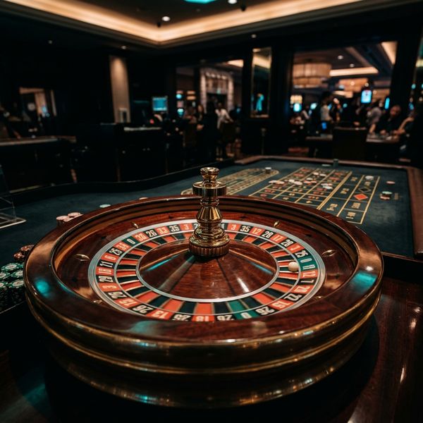 Roulette wheel spinning on dark casino table