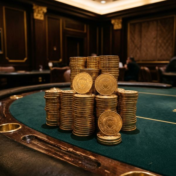 Stacked golden chips on dark casino table